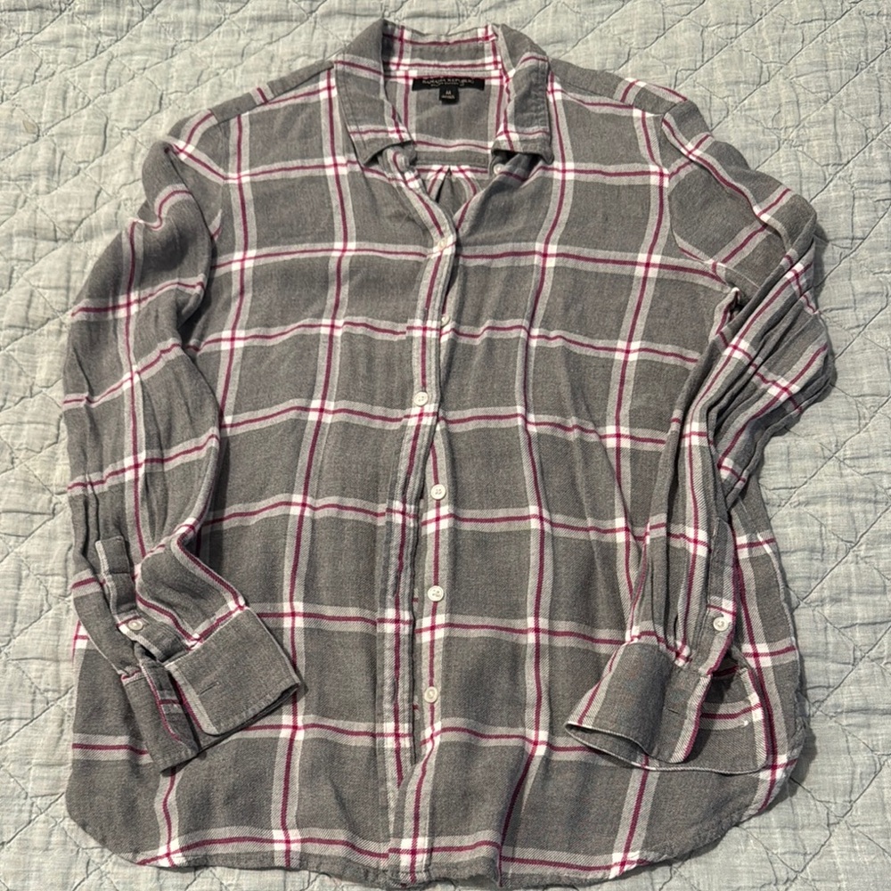 Banana Republic Gray and Pink Plaid Button Down Shirt
